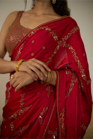 Red maitreyi hand embroidered saree