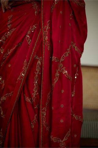 Red maitreyi hand embroidered saree