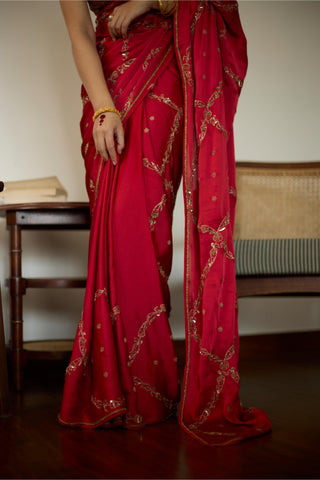Red maitreyi hand embroidered saree
