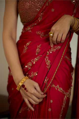Red maitreyi hand embroidered saree