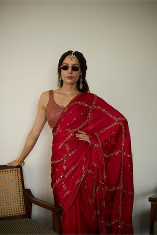 Red maitreyi hand embroidered saree