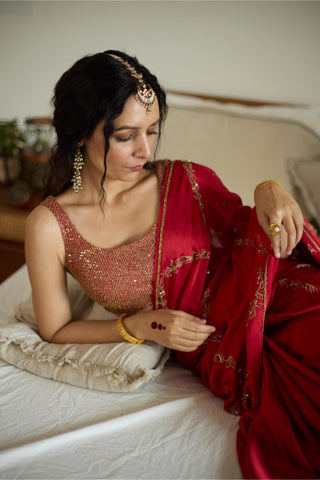 Red maitreyi hand embroidered saree