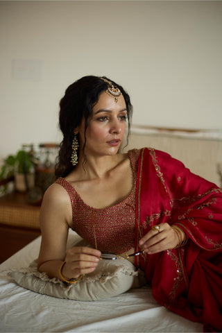 Red maitreyi hand embroidered saree