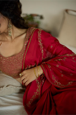 Red maitreyi hand embroidered saree