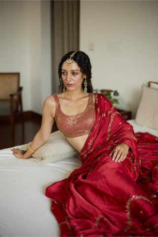 Red maitreyi hand embroidered saree