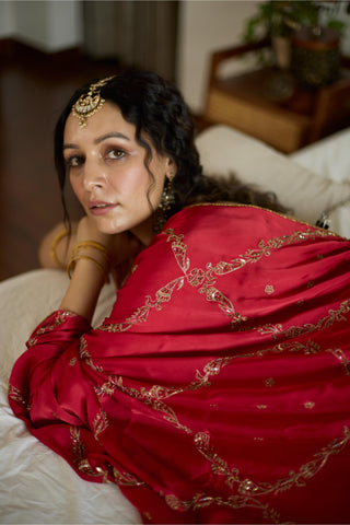 Red maitreyi hand embroidered saree