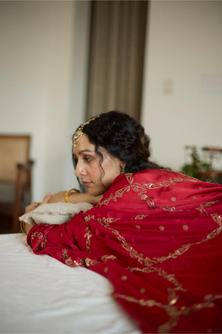 Red maitreyi hand embroidered saree