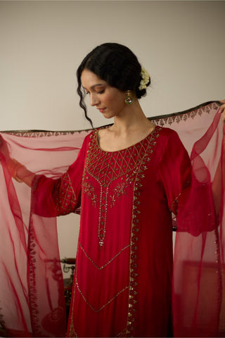 Red diya hand embroidered kurta set