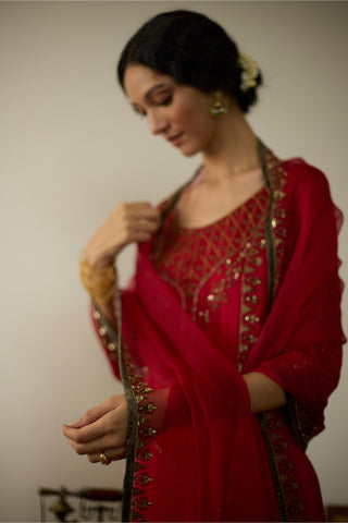 Red diya hand embroidered kurta set