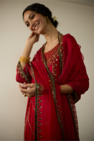 Red diya hand embroidered kurta set