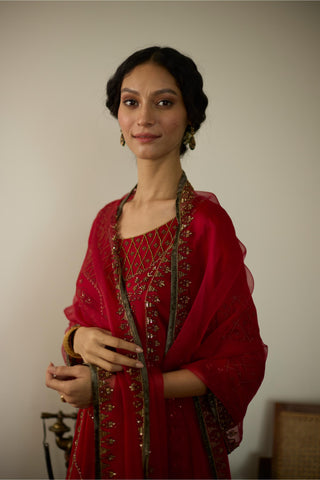 Red diya hand embroidered kurta set