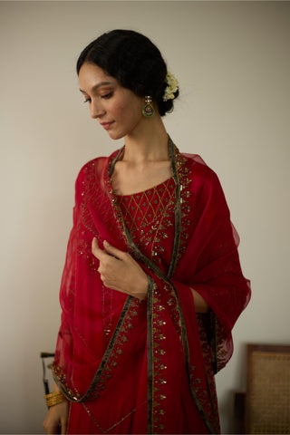 Red diya hand embroidered kurta set