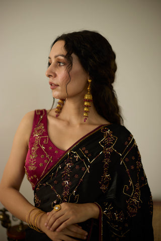 Black cocktail hand embroidered saree