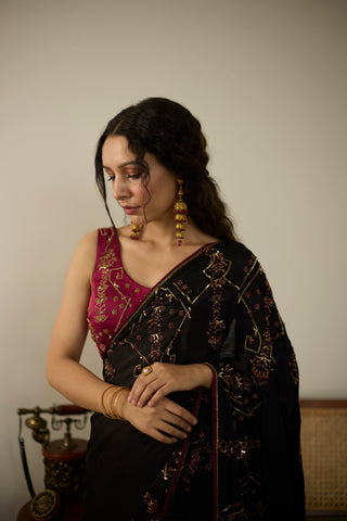 Black cocktail hand embroidered saree