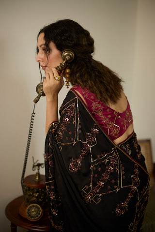 Black cocktail hand embroidered saree