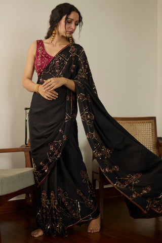 Black cocktail hand embroidered saree