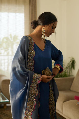 Embroidered Suit for Day Festivities – Blue Dua by Sarang Kaur