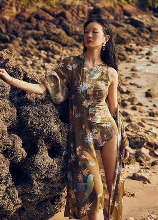 Red aviary monokini with cape