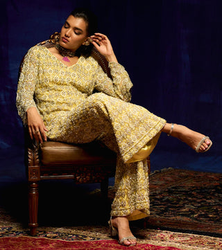 Yellow gold embroidered jacket & palazzo set