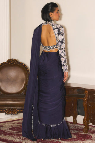 Mystic navy blue emrboidered blouse & drape saree set