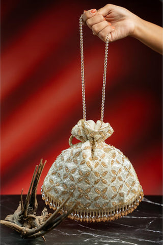 Handbag for Indian Weddings – Ivory Leafy Lattice by Nayaab By Sonia