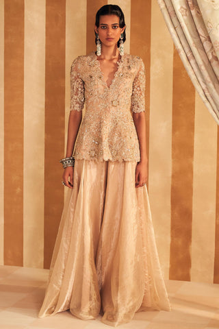 Beige mahroo hunar peplum set - Ridhi Mehra | Mrs. G Beige mahroo hunar peplum set - Ridhi Mehra | Mrs. G