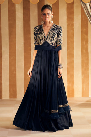 Front view of the navy zarqaa hunar anarkali set by Ridhi Mehra with gold embroidered yoke and pleated skirt at Mrs. G