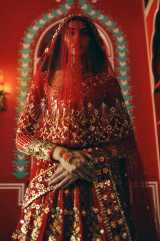 Red burn baby burn blinding comet lehenga set