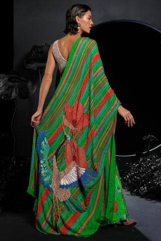 Neon green lehenga set with cranes