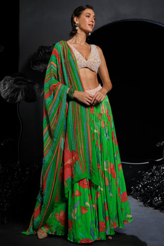 Neon green lehenga set with cranes