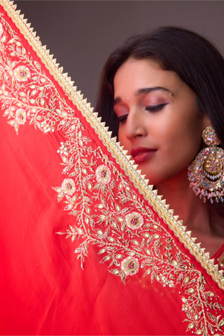 Red crepe godet top with pleated dhoti salwar pant and scarf