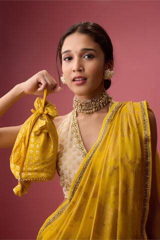Yellow crepe dhoti saree