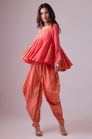 Red crepe godet top with pleated dhoti salwar pant and scarf