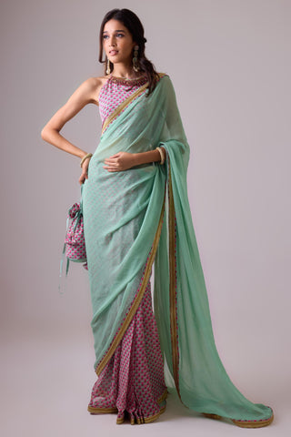Green georgette saree with crepe blouse