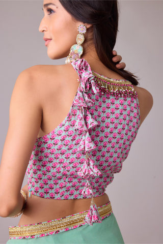 Green georgette saree with crepe blouse