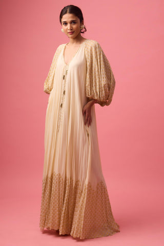 White georgette dress with the detailing of foiling and dangling in sleeve