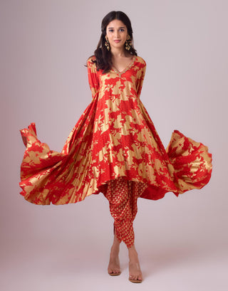 Red long asymmetrical foil printed kurta