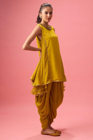 Green olive kurta with foiling and hand emb. on neck paired with dhoti