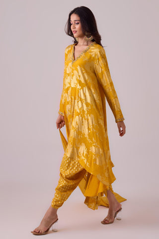 Yellow long asymmetrical foil printed kurta