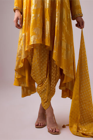 Yellow long asymmetrical foil printed kurta