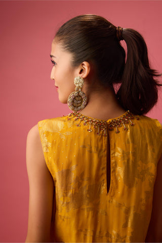 Yellow ochre sharara set with foil printing paired with hand emb dupatta