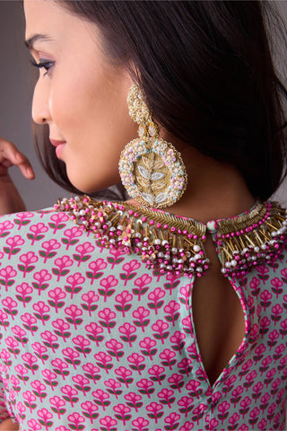 Green godet tunic with neck detailing with palazzo pant