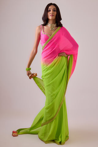 Yellow pure silk chiffon ombre saree and gota borders
