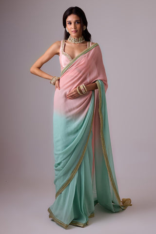 Blue pure silk chiffon ombre saree and gota borders