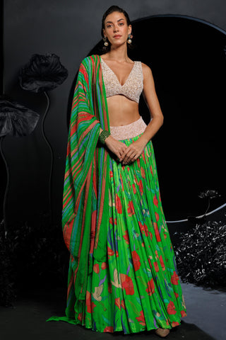 Neon green lehenga set with cranes