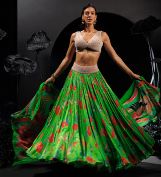 Neon green lehenga set with cranes