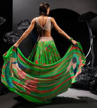 Neon green lehenga set with cranes