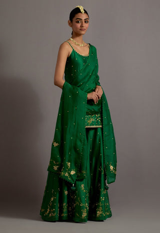 Green jaal embroidered silk short kurta sharara set