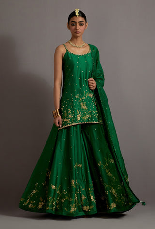Green jaal embroidered silk short kurta sharara set