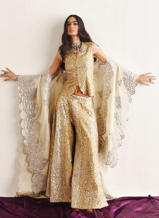 Flared Sharara Set for Indian Wedding – Golden Yellow Cape Style Outfit by Twenty Nine